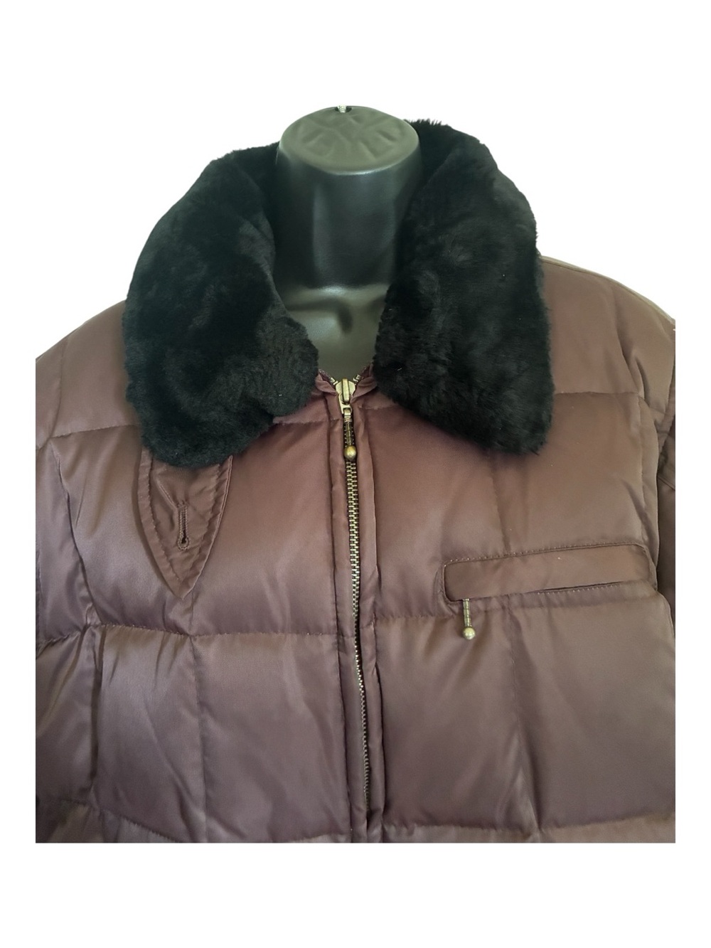 Vintage 90s Worthington Cabincore Plum Puffer Jacket Black Faux Fur Collar Sz PS - Picture 3 of 10